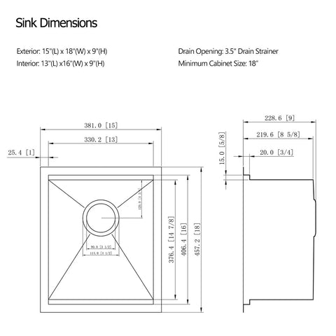 Dimension diagram of Undermount Stainless Steel Kitchen Bar Sink 15 x 18 x 9 Inches 18 Gauge Heavy Duty Workstation