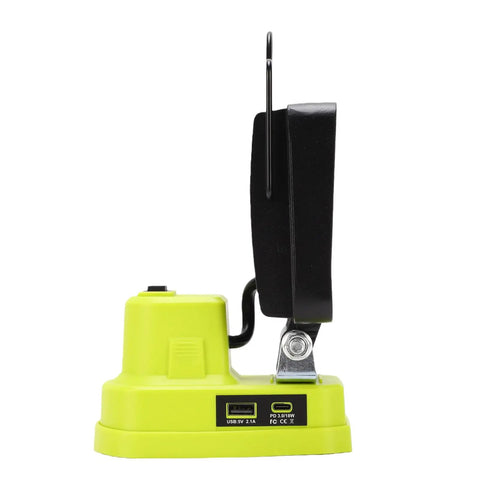 GOWENIC Cordless Floodlight, 6000lm Brightness, 360 Degree Rotating Head, side view showcasing USB ports and adjustable head.