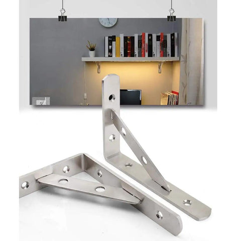 Heavy Duty Stainless Steel Floating Shelf Brackets Two Pack with triangle design for secure wall mounting in homes.