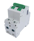 AC Miniature Circuit Breaker 2 Pole 40 Amp 120 240 VAC Din Rail Mount With Thermal Magnetic Trip C Curve 6kA DZ47 63 2P Solar Power MCB For Home Lighting Small Motors And Solar Systems Go To Choice, front view, white plastic body with green lever