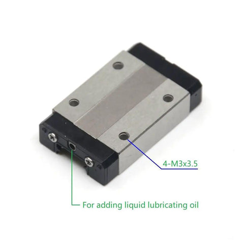 Close-up of MGN12H carriage block with lubrication port for 200mm Stainless Steel MGN12 Linear Rail Guide With MGN12H Carriage Block.