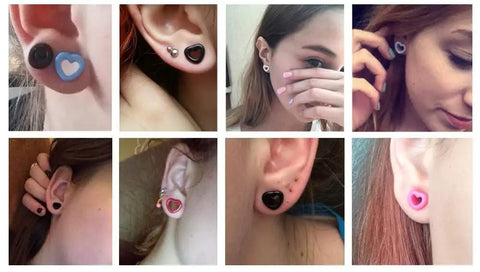 Two Pairs Heart Shape Acrylic Ear Tunnel Plugs Gauges Black And White Double Flared for Lobe Piercing Body Jewelry Gift Set displayed