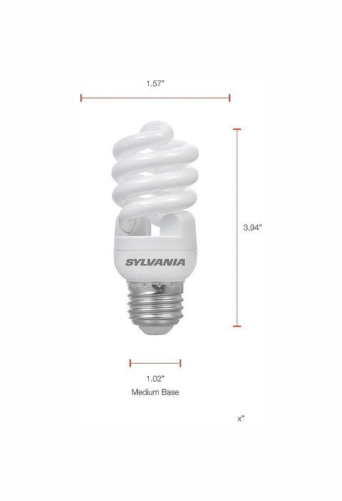 CFL T2 Twist Light Bulbs 60W Equivalent, Ultra Efficient 13W, 850 Lumens Soft White 2700K, Medium Base dimensions shown