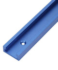 Close-up of Blue Anodized Aluminum T Track 400mm 15.7in for woodworking jigs, showing detailed screw hole and guide rail edge.