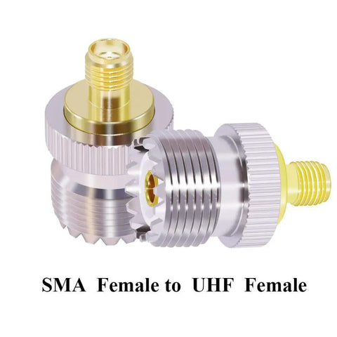 PL259 To SMA Female And SO239 To SMA CB Antenna Adapters Set, Low Loss Connectors, close-up of SMA to UHF female adapter pair