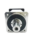 Professional Grade Planetary Gearbox Delivers Knockout Three Arcminute Precision Plus Beefy One To One Hundred Ratio, front view with silver alloy housing.