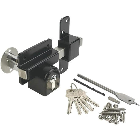 Long Throw Gate Lock For Sheds And Fences With Euro Profile Keyed Both Sides, 316 Stainless Steel Black Finish, Includes Five Keys