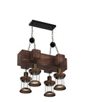 Industrial Vintage Wooden Pendant Light With Glass Lanterns, 4 Light Loft Chandelier, adjustable suspension fixture