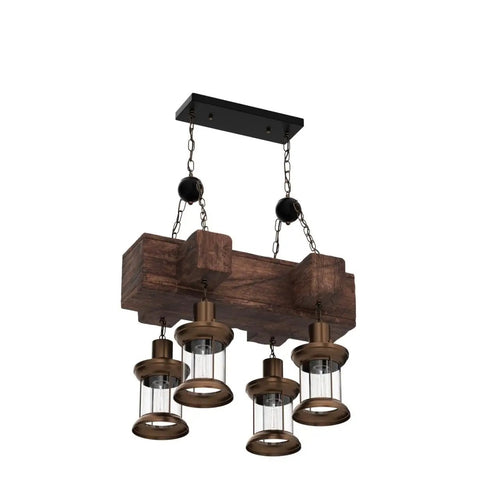 Industrial Vintage Wooden Pendant Light With Glass Lanterns, 4 Light Loft Chandelier, adjustable suspension fixture