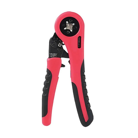 Pro Multifunctional Carbon Steel Crimping Pliers Ergonomic Hand Tool For Electricians And Automotive Technicians with red handles.