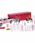 Pink Pickup Truck And Horse Trailer Playset For Kids with horse figures and ranch accessories, durable and cuddly toy set for pretend adventures.