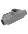 Dead Nuts Secure 3/4 Inch T Type Conduit Body In Heavy Duty Die Cast Aluminum With Threaded Port Ends And A Snap Off Cover For Smooth Wire Pulls And Quick Installations, gray die cast finish.