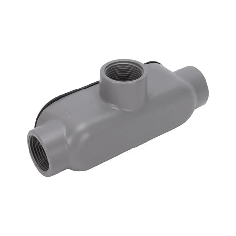 Dead Nuts Secure 3/4 Inch T Type Conduit Body In Heavy Duty Die Cast Aluminum With Threaded Port Ends And A Snap Off Cover For Smooth Wire Pulls And Quick Installations, gray die cast finish.