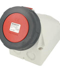 Heavy Duty Mennekes Style Red Wall Socket With IP67 All Weather Seals 63 Amp 5 Pin Outlets 400 Volt 6H Housing, close-up view.