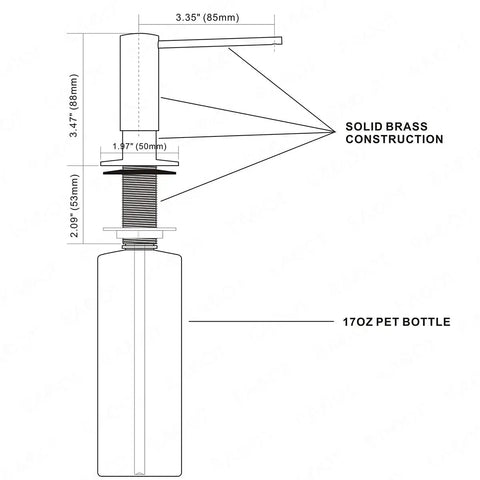 Diagram of Built In Brushed Nickel Soap Dispenser For Kitchen Sink With 17 Oz PET Bottle And Brass Pump Head