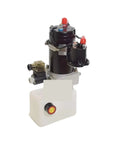 Compact 12 Volt 24 Volt DC 1.5 Liter Hydraulic Power Unit That Pumps Like A Champ For Your Electric Stacker And Smallscale Machinery Systems, featuring a black hydraulic motor and white reservoir.