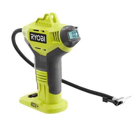 Cordless 18V ONE Plus High Pressure Inflator With Digital Gauge 0 To 150 PSI Pistol Grip Comfort, angled side view.