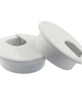 Four Pack Two Inch White Desk Grommets For Dope Cable Management And Hella Neat Workspace Setup Featuring Sturdy Abs Plastic Cord Pass Through Covers, showing two grommets.