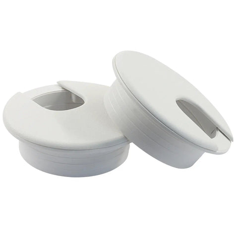 Four Pack Two Inch White Desk Grommets For Dope Cable Management And Hella Neat Workspace Setup Featuring Sturdy Abs Plastic Cord Pass Through Covers, showing two grommets.