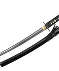 1045 Carbon Steel Katana With Real Rayskin Handle And Kiku Tsuba, Black Wrapped Grip, 32 Inch Overall Length, Comes With Sword Bag And Scabbard