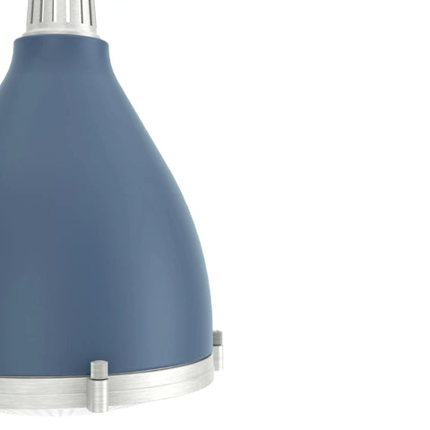 Close-up of indigo blue pendant light with holophane glass shade, premium aluminum finish, suitable for kitchen or dining areas
