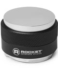 Adjustable Black Espresso Coffee Distributor And Tamper Tool Featuring Precision Leveler Base For Straight Up Smooth Puck Prep And Certified Elite Barista Pulls Daily with metal top and textured black grip.
