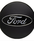 Set Of Four Two One Eighth Inch Black And Chrome Center Wheel Cap Kit For Ford Passenger Cars With Gloss Black Background And Chrome Ford Logo