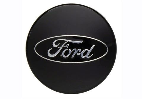 Set Of Four Two One Eighth Inch Black And Chrome Center Wheel Cap Kit For Ford Passenger Cars With Gloss Black Background And Chrome Ford Logo