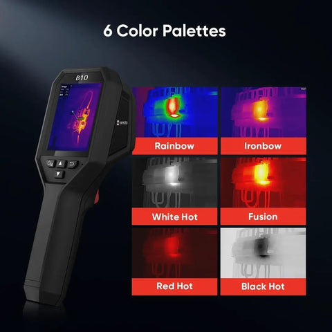 B10 Pro Grade Thermal Imaging Camera with 320x240 Super IR Resolution, 6 color palettes displayed, showing device in use.