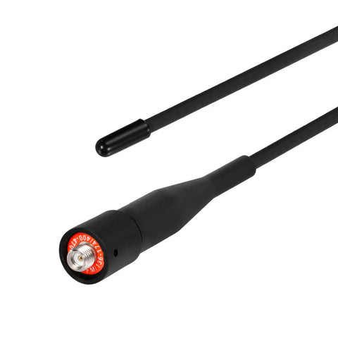 6 Inch Dual Band VHF UHF Antenna for Handheld Ham Radios, SMA Female Connector, close-up of black antenna with connector details