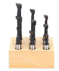 Three Eighths Inch Boring Bar Set Nine Piece HSS Boring Cutter Head Kit for CNC, displayed in wooden holder, varying lengths, carbide tips.