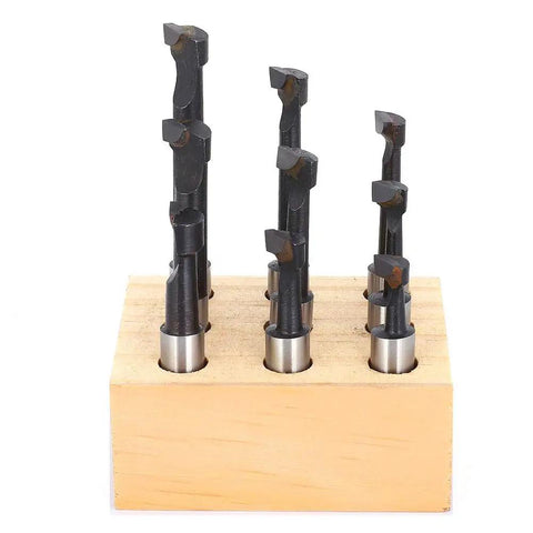 Three Eighths Inch Boring Bar Set Nine Piece HSS Boring Cutter Head Kit for CNC, displayed in wooden holder, varying lengths, carbide tips.