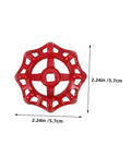 Top view of red handwheel with dimension markings, part of the Two Pack Cast Iron Handwheel For Water Valve Handles And RV Waste Valve Kits Spigot Replacement Outdoor Faucet Wheel Handles Tough As Nails Built To Last Easy Grip Replacement Set.