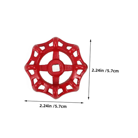 Top view of red handwheel with dimension markings, part of the Two Pack Cast Iron Handwheel For Water Valve Handles And RV Waste Valve Kits Spigot Replacement Outdoor Faucet Wheel Handles Tough As Nails Built To Last Easy Grip Replacement Set.
