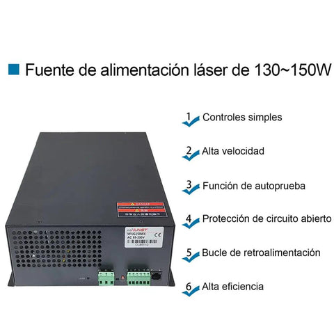 Dual Voltage CO2 Laser Power Supply 110V 220V 130W 150W for Laser Tube with features and connections visible