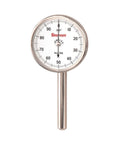Starrett dial test indicator with white face and back plunger (front view), 0–100 reading, 1/4 in shank