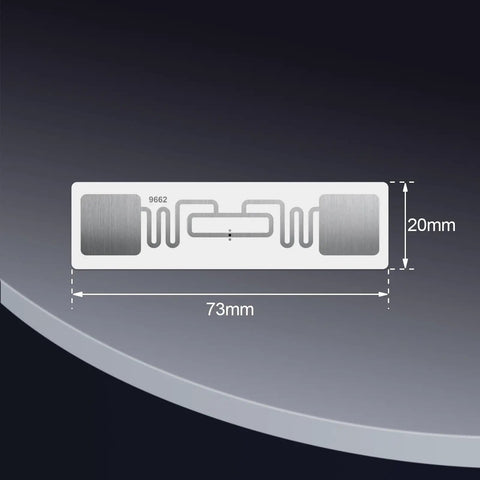 UHF RFID Tag Sticker Rewritable Adhesive Inlay Label 73x20mm ISO18000 6C EPC Class1 Gen2 with measurement details.