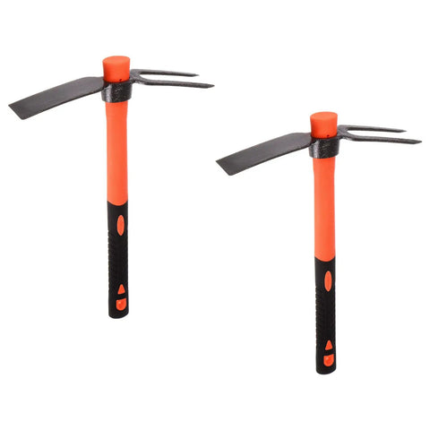 Two Pack 2 Teeth Garden Hoe Rake With 15 Inch Dual Head Fiberglass Handle Durable Garden Tools Set For Loosening Soil Weeding And Digging
