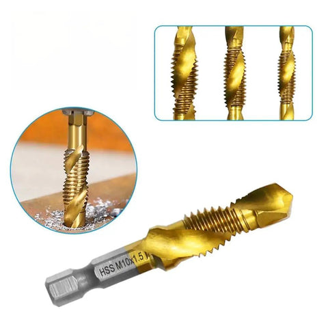 Pro Grade 6 Piece Drill and Tap Set With HSS Titanium Bits For 6-32, 8-32 NC Threads, close-up of titanium drill bit in action