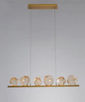 Six Light Retro Pendant Chandelier With Adjustable Chain Sleek Modern Hanging Lamp with gold accents and geometric glass shades.