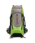 Front view of 65L Outdoor Hiking Backpack With Waterproof Nylon Build, Rugged WearResistant Design, ergonomic straps, green and gray color.