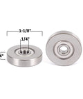 Heavy Duty Router Bit Replacement Bearing With Dead Nuts 1/4 Inch Fit And 1 1/8 Inch Outer Diameter Slick Polished Stainless Steel shown from front and side.