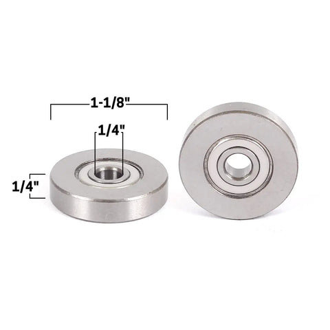 Heavy Duty Router Bit Replacement Bearing With Dead Nuts 1/4 Inch Fit And 1 1/8 Inch Outer Diameter Slick Polished Stainless Steel shown from front and side.