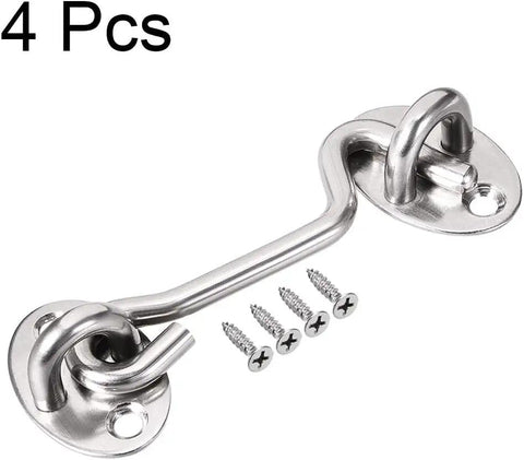 Heavy Duty Stainless Steel Hook And Snap Latch For Outdoor Gate Cabin Door Or Window With Included Mounting Screws secured with screws.