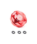 Red Bike Air Valve Top Cap Cover for Suspension Forks, CNC Machined Aluminum, shown with O-rings, Easy Install, Universal Fit.