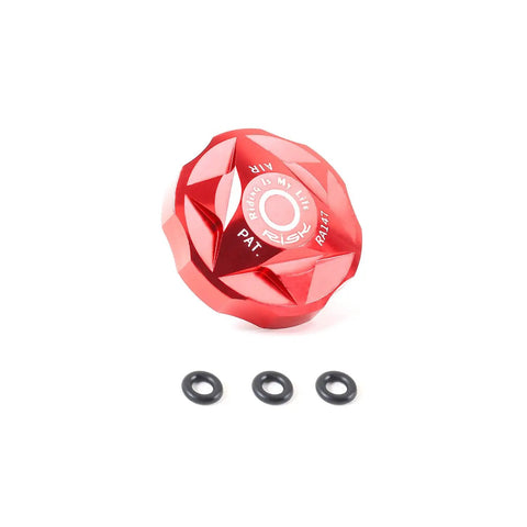 Red Bike Air Valve Top Cap Cover for Suspension Forks, CNC Machined Aluminum, shown with O-rings, Easy Install, Universal Fit.