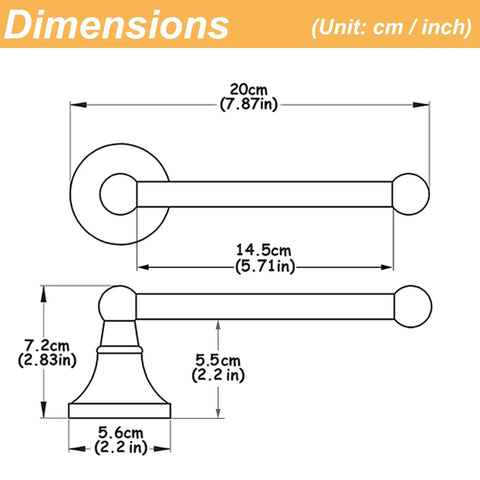 Dimensions diagram of Old School Antique Brass Wall Mounted Toilet Paper Holder Without Cover In Brushed Bronze Finish 20 Cm Long