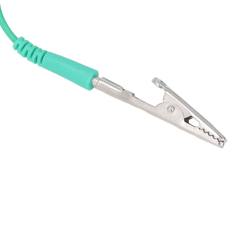 Close-up of a metal clip with green cord from 10 Pack Anti Static Wrist Straps With Adjustable Length And 1 Mega Ohm Resistor Grounding Bracelets