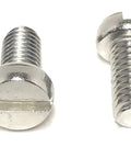 Shop Grade M6 X 12 Millimeter Stainless Steel Slotted Cheese Head Machine Screws showing one bolt from top and side views.