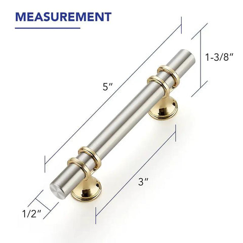 Snag These Fly Dual Tone Brushed Nickel And Gold Cabinet Pulls Featuring 3 Inch Center To Center Spacing Premium Stainless Steel And Zinc Alloy Handles Hassle Free Breakaway Screw Mount Heavy Duty Drawer Grips 15 Piece Set with measurements of 5 inch length and 1-3/8 inch projection.